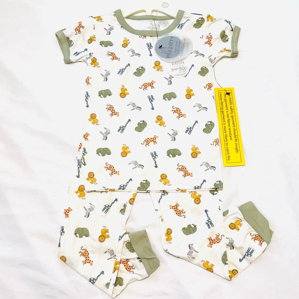 NEW BAMBOO Milkberry Animal Pajamas Set 3T giraffe lion zebra elephant tiger